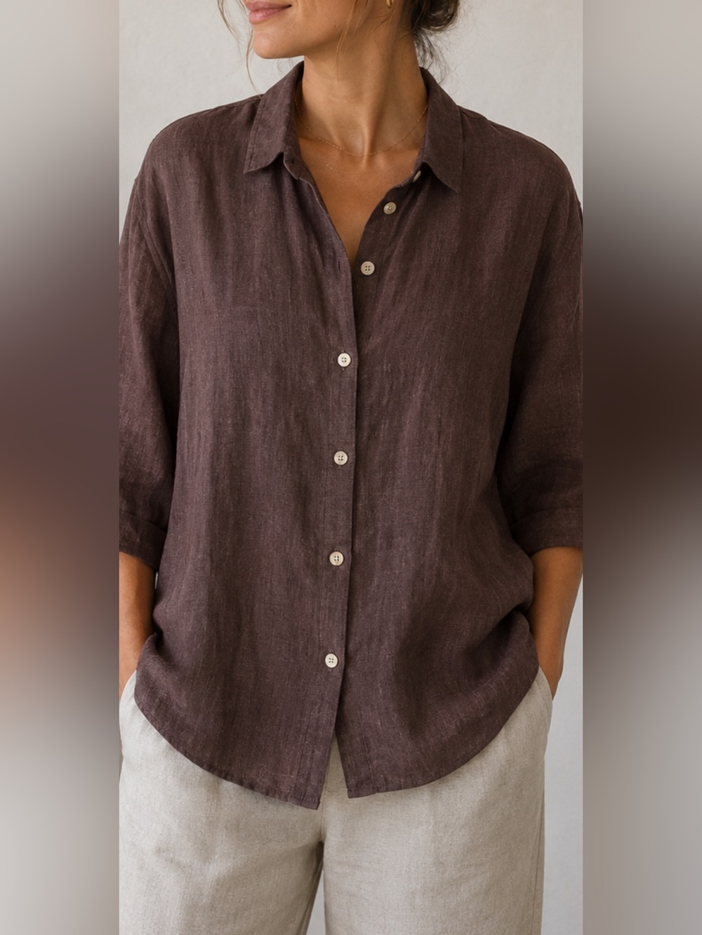 Worlds Apart 100% Linen Brown Button Front Shirt Womens Small 3/4 Sleeve Top